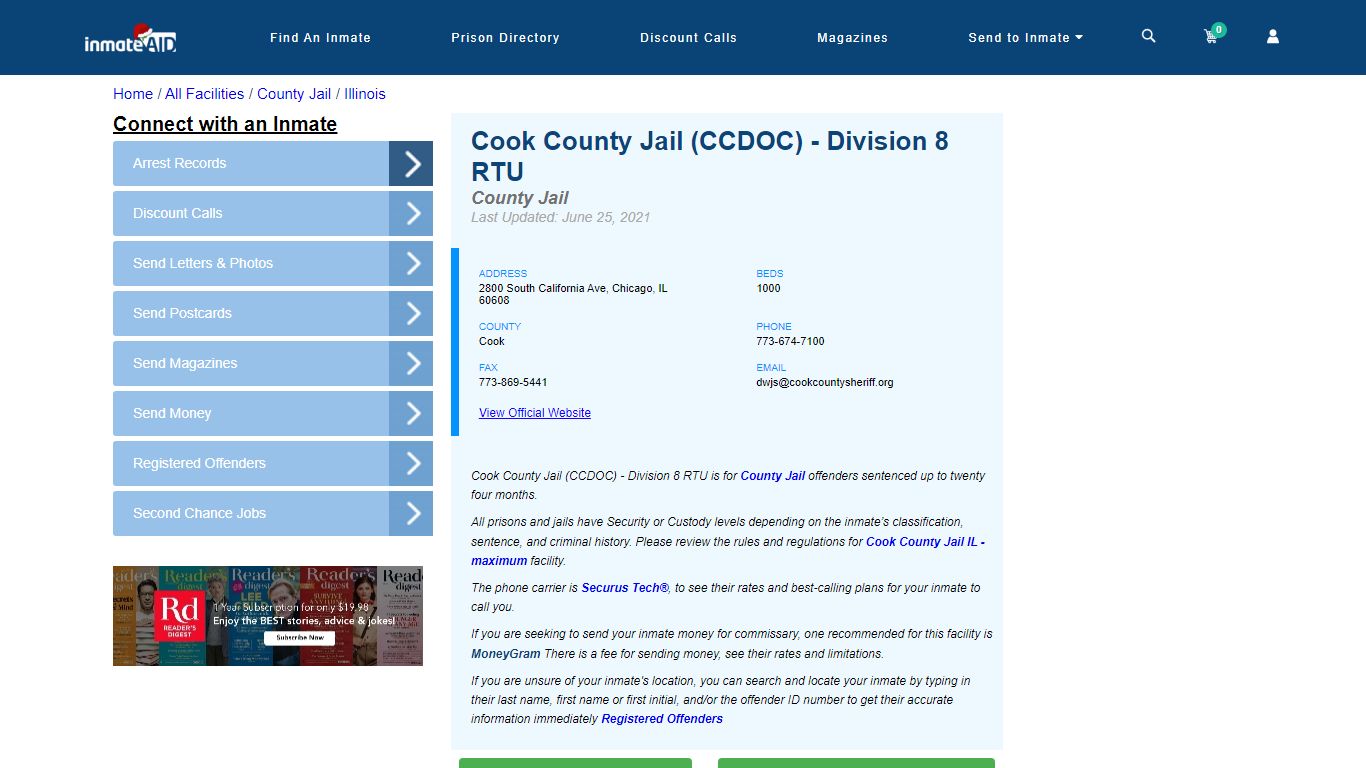 Cook County Jail (CCDOC) - Division 8 RTU - Inmate Locator - Chicago, IL